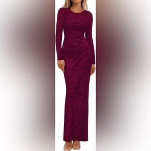 Elegant Lace Floral Bodycon Long Sleeve Burgundy Dress Women’s Medium
